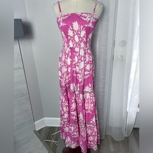 Mary Marshmallow Beachy Pink with Green Trim Floral Maxi Dress Size Medium